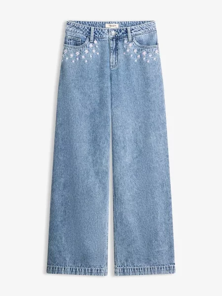 Jeansy wide leg mid waist z bawełny niebieskie