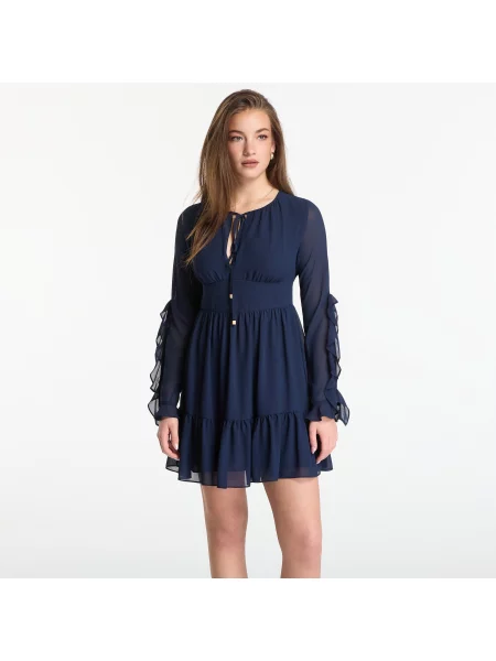 Šaty Michael Kors Ruffled Georgette Long-Sleeve Dress Midnight Blue L modré