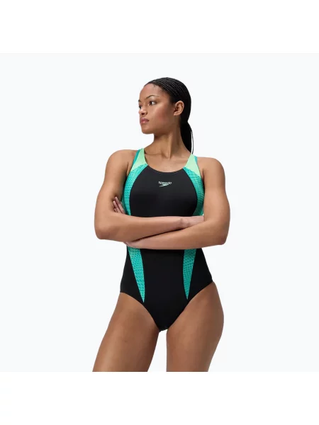 Női egyrészes fürdőruha Speedo Placement Laneback turquoise gem. Méret: 34 fekete