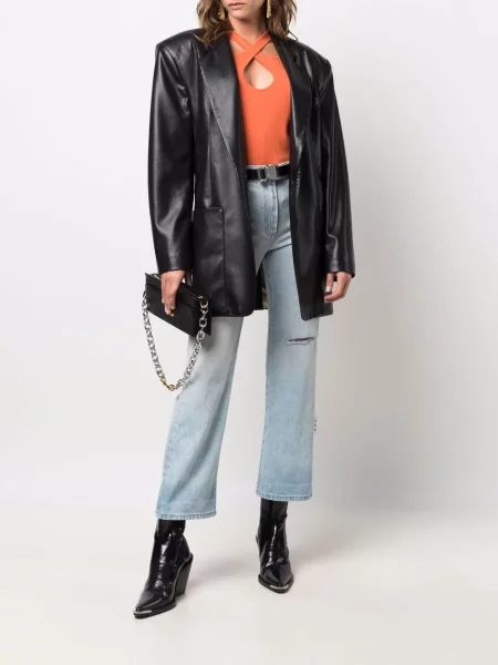 Blugi drepți Off-white cu talie înaltă zdrențuiți alb