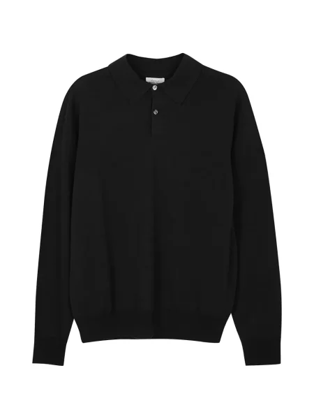 Lung tricou polo Hartford din lână merinos negru