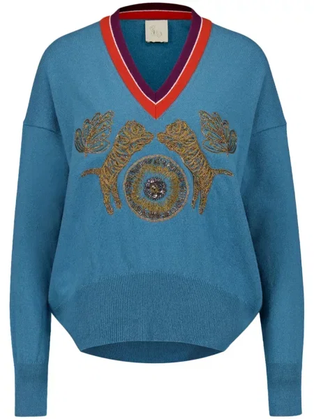 Pulover Paula cu broderie din cașmir albastru