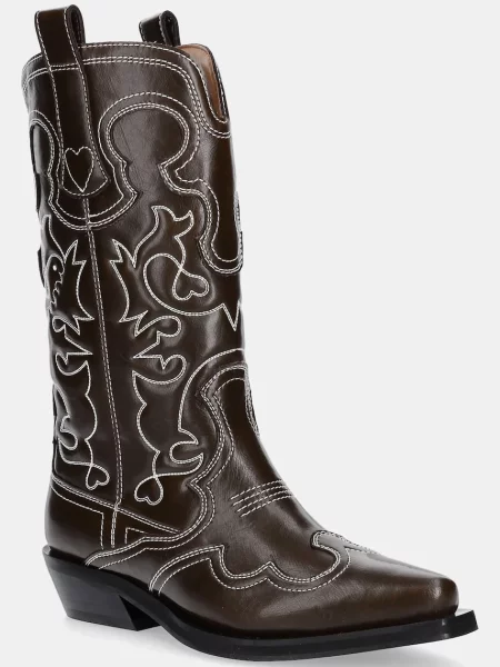 GANNI cizme Mid Shaft Embroidered Western Boot Oleatex cu drept maro