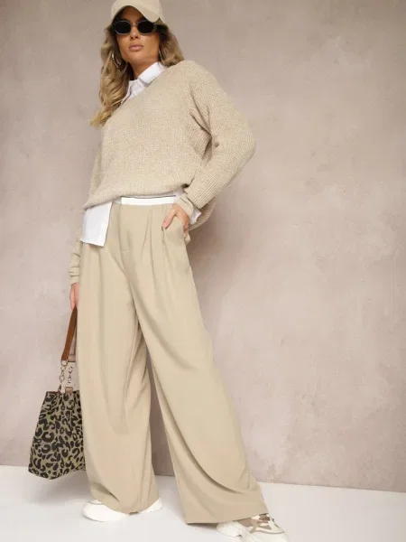 Pantaloni Palazzo cu Talie Înaltă Închidere cu Nellieva bej