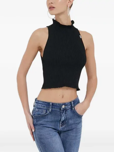Top Moschino Jeans bez rękawów z falbankami czarny