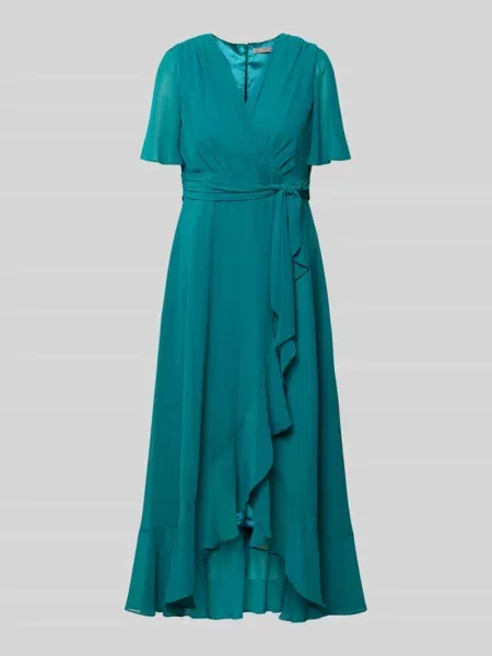 Sukienka koktajlowa z kopertowym efektem i falbaniastym dołem Christian Berg Cocktail zielona