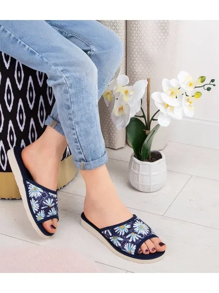 Papuci Natural Style cu model floral albastru