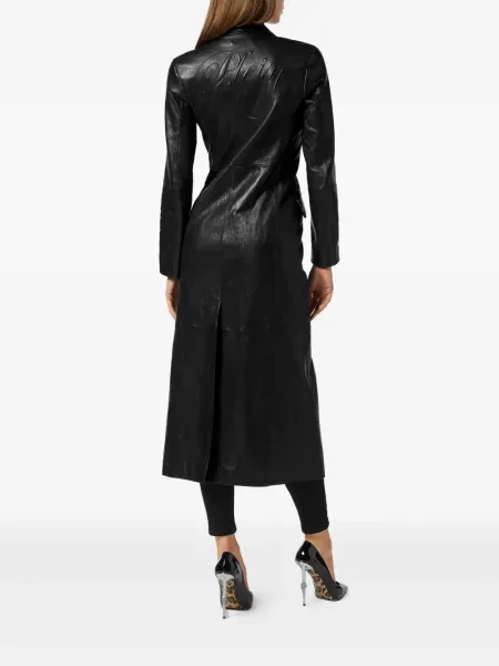 Palton Philipp Plein din piele cu două rânduri de nasturi negru