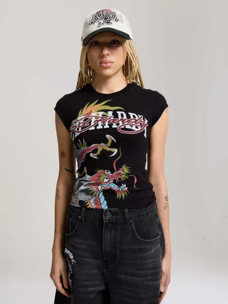 Ed Hardy Tričko Varsity Dragon sivá / kiwi / malinová čierna