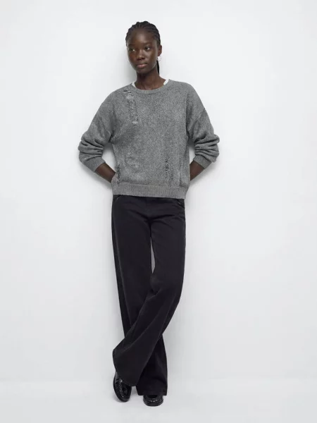 Sweter z postrzępionymi detalami ciemnoszary Teen L MANGO TEEN