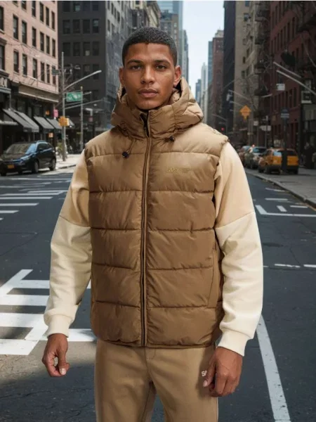 Sinsay Prošívaná puffer vesta s kapucí béžová