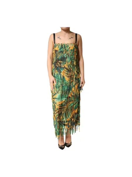 Sukienka maxi Dolce And Gabbana z frędzli w tropikalny nadruk