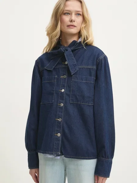 Answear Lab koszula jeansowa regular z wiązanym dekoltem niebieski