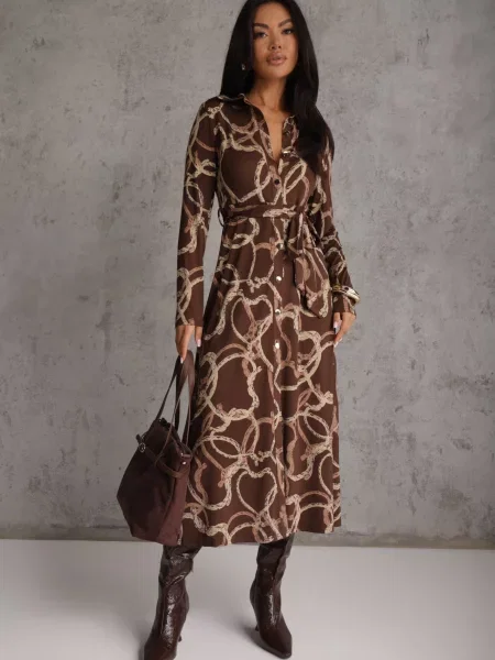 Rochie-cămașă cu model și cu curea tip cravată Vareva maro