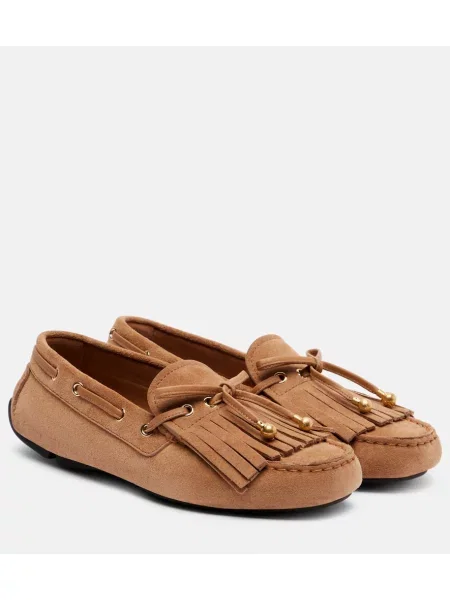 Pantofi loafer Jimmy Choo cu franjuri din piele de căprioară bej