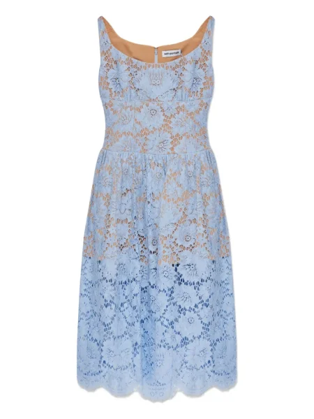 Rochie midi Self-portrait cu model floral din dantelă până la genunchi albastru