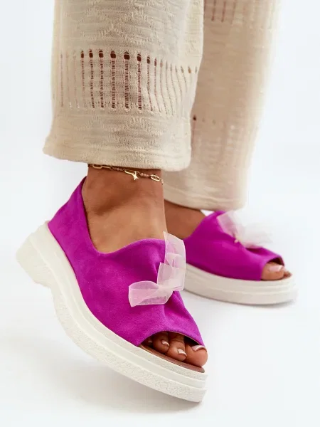 Велурени сандали Kesi с панделка фуксия