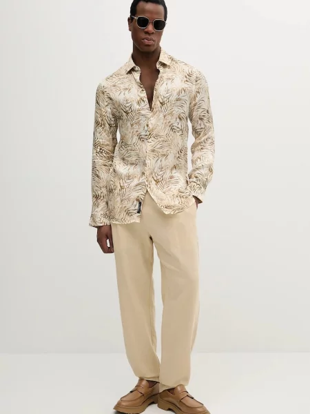 Marciano Guess spodnie z domieszką lnu DANIEL w fasonie chinos beżowy