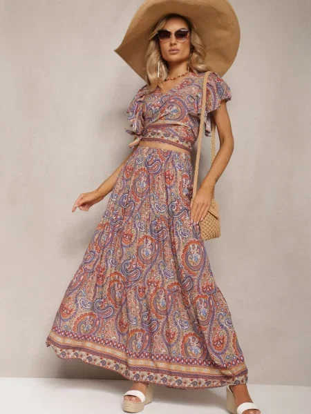 Komplet w Print Paisley Długa Spódnica i Kopertowy Top Aeodosia beżowy