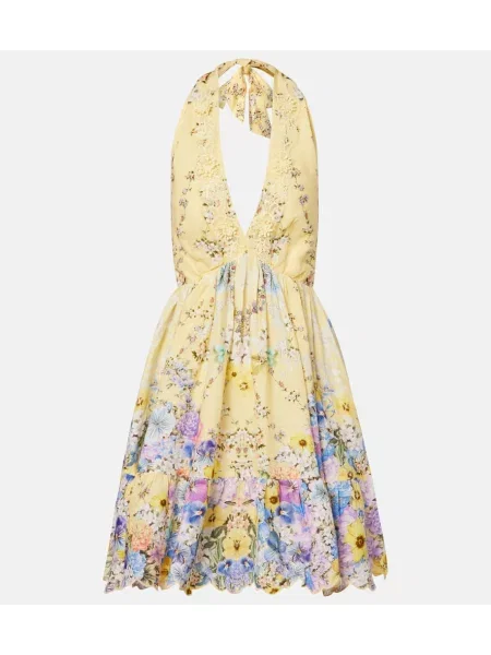 Rochie Camilla de in cu model floral cu gât halter galben