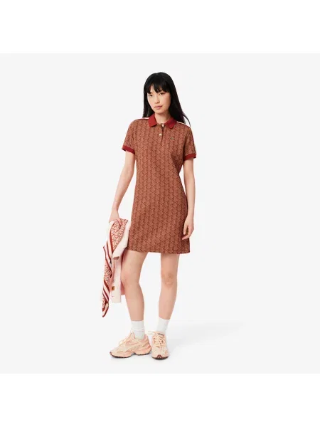 Lacoste Dopasowana Sukienka Polo Z Żakardowym Monogramem brązowa