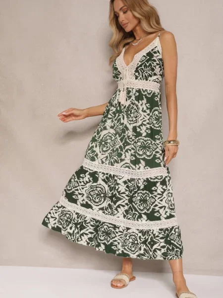 Sukienka z Bawełny o Rozkloszowanym Kroju w Etniczny Print Taliraya zielona
