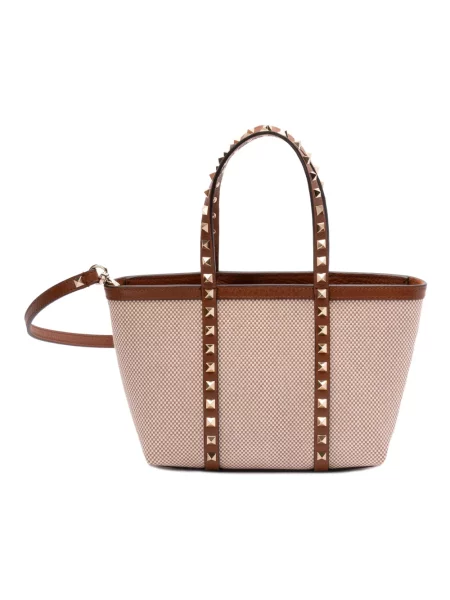 Lniana mała torebka skórzana Valentino Garavani z nitami beżowa