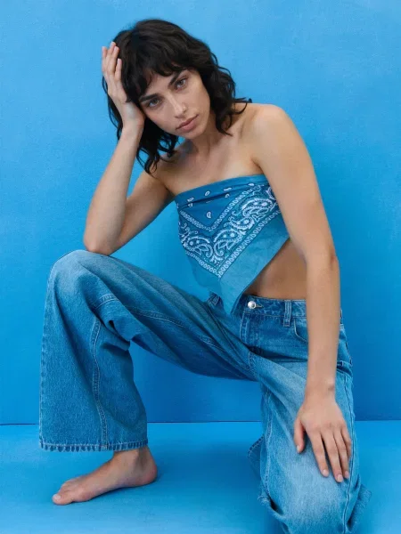 Джинси wide leg із середньою талією та декоративними рядками синій