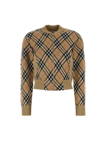 Kurtka Burberry wełniana w kratę z nadrukiem beżowa