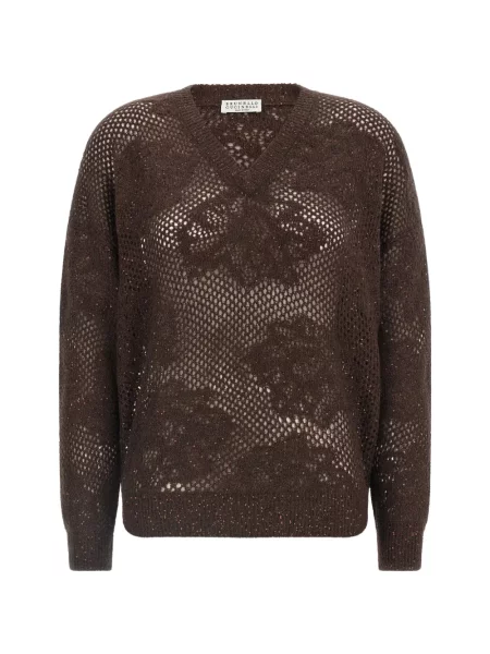 Pulover Brunello Cucinelli cu model floral din dantelă maro