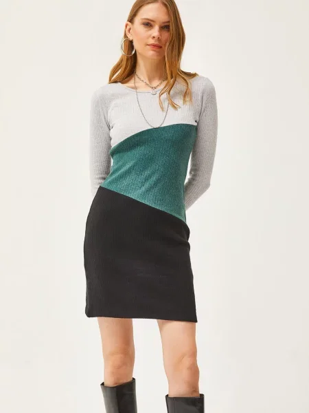 Olalook Rochie tricotat gri amestecat / verde smarald negru