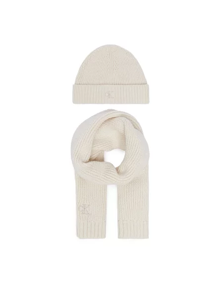 Σετ Κασκόλ και Σκούφος Calvin Klein Jeans Knitted Scarf Beanie Giftbox Κρεμ μπεζ