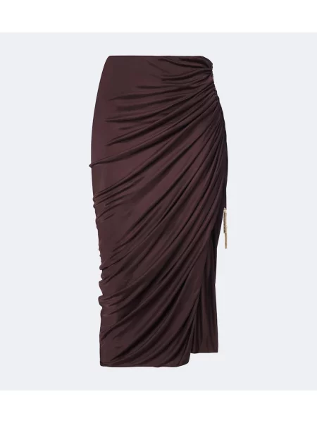 Fustă midi Balmain cu volane din jerseu maro