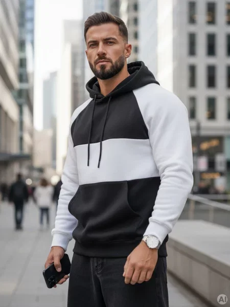 Bluza basic z kapturem w biało-czarne paski Dstreet czarny
