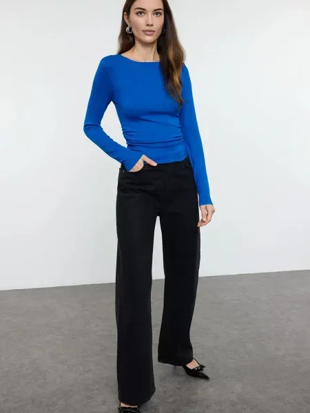 Trendyol Saks Saks Fitted/Fits on the Body Gathered/Drape Detailed Flexible Knitted Blouse μπλε