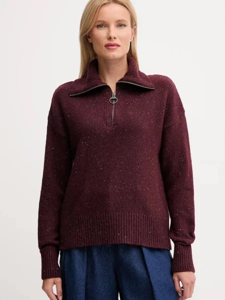 Barbour sweter z wełną z półgolfem bordowy