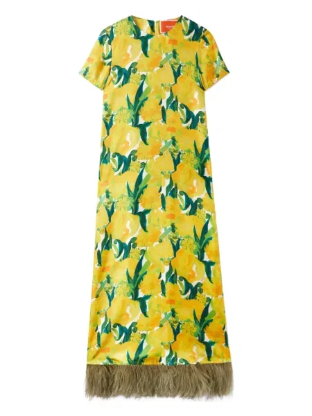 Rochie maxi La Doublej cu pene cu model floral de costum galben