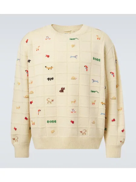 Pulover de lână Bode cu broderie de lână bej