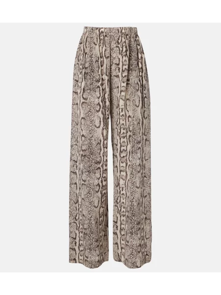 Pantaloni palazzo Balenciaga de mătase cu imagine cu model piele de șarpe bej