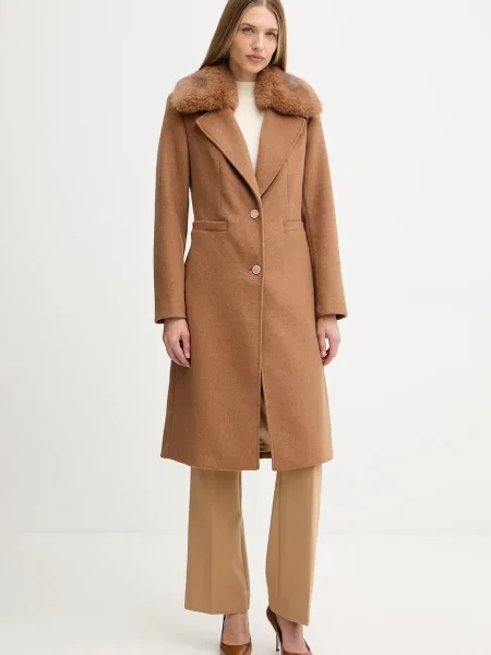 Guess płaszcz z dodatkiem wełny KAROLE brązowy