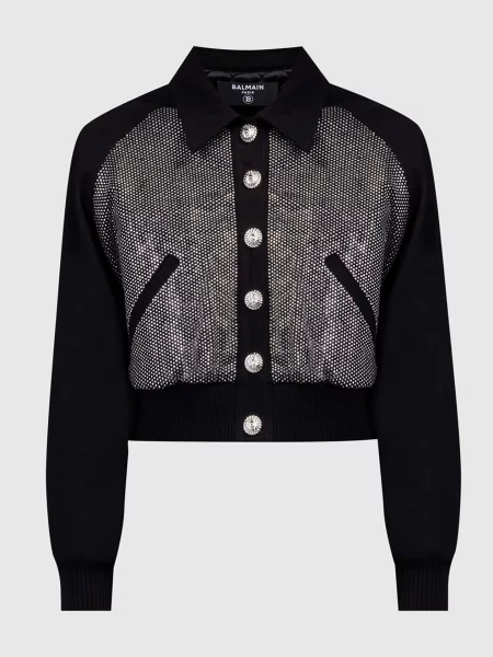 Укорочена джинсова куртка з кристалами Balmain чорна
