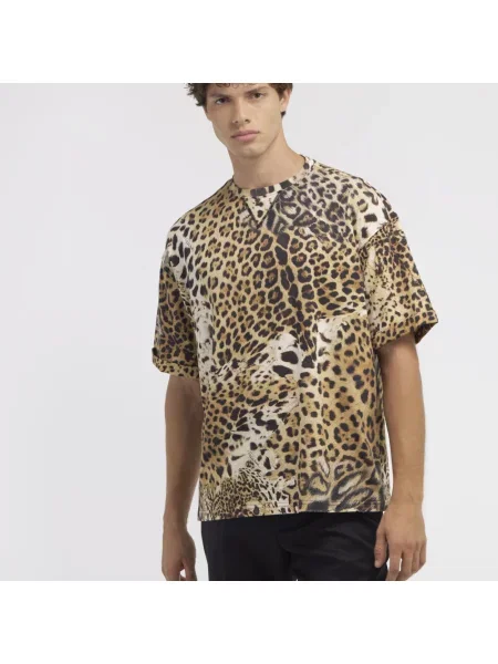 Koszulka Roberto Cavalli skórzana z nadrukiem brązowa