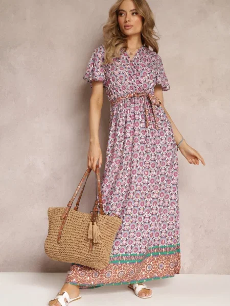 Sukienka Maxi z i Gumką w Talii w Ornamentalny Wzór Calvim różowa