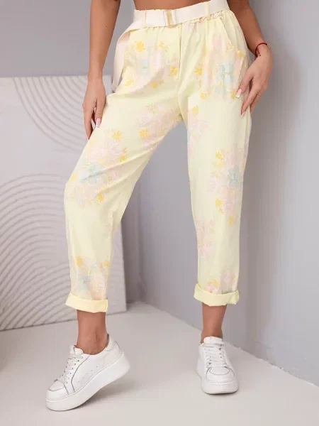 Pantaloni Kesi Włoski cu model floral galben