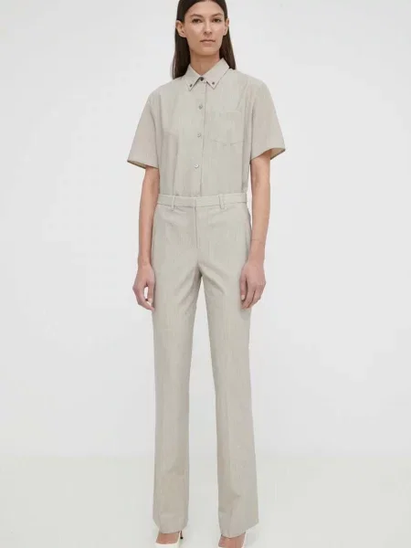 Theory pantaloni de lana drept high waist bej