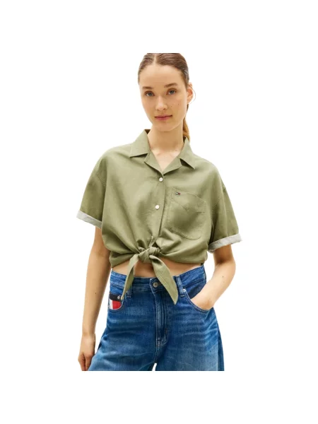 Tommy Jeans Bluzka Z Lnu gruen zielona