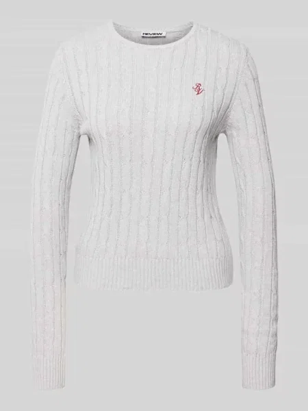 Sweter z dzianiny ze ściegiem warkoczowym i wyhaftowanym logo Review