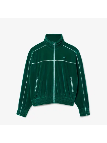 Lacoste Luźna Aksamitna Bluza Z Zamkiem Błyskawicznym zielona