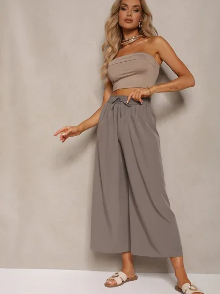 Pantaloni High Waist cu Picioare Lărgi cu Talia Elastică Crisantas gri