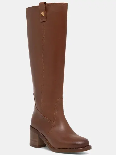 Кожени ботуши Tommy Hilfiger RIDING LTHR LONG BOOT BLOCK HEEL с дебел кафяво